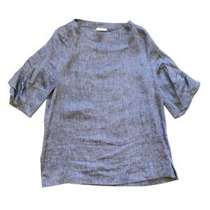 Peserico Top Shirt Blouse Womens 44 Large Blue Linen 3/4 Sleeve Ruched Beaded